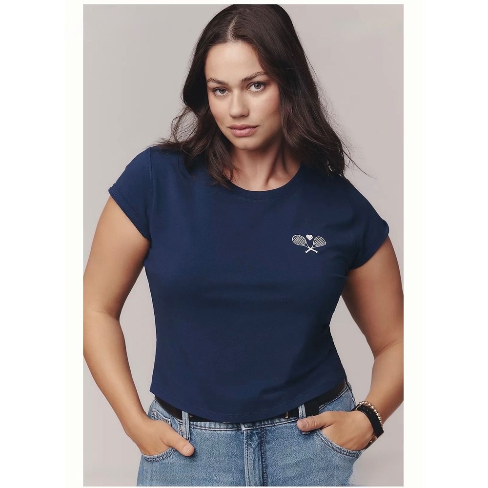 Daily Practice Navy Blue Tennis Graphic Short Sleeve Tee Cropped Small NWT New - Picture 5 of 9
